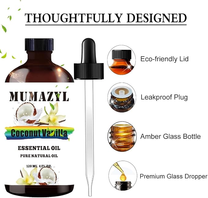 Coconut Vanilla Essential Oil, Coconut Vanilla Oil 4 Fl Oz 120ML for Diffuser Humidifier Yoga Cleaning DIY Candle Soap Making MUMAZYL Essential Oils