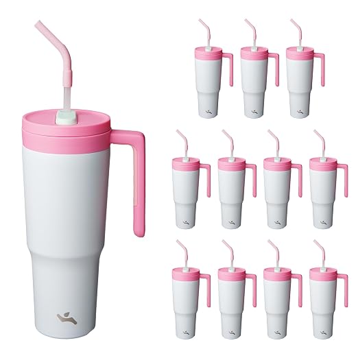 Konokyo 12 Pack 40 Oz Tumblers with Handle and Straw, Bulk Vacuum Insulated Stainless Steel Travel Mugs with Lids for Office, Events and Group Orders Pink Grey