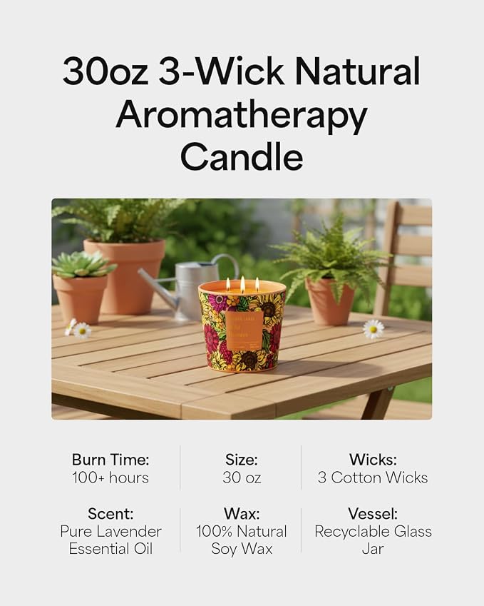Hidden Label Wild Flowers Soy Candle, 30oz 3-Wick, 100H Botanical Floral | Non-Toxic Vegan Phthalate-Free | Peony Jasmine Fresh Greens Scent | Even Melt No Tunneling | Statement Decor Gift for Women