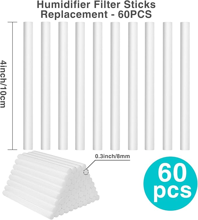 Cotton Humidifier Filter Sticks (60PCS) - 0.3" Universal Fits Mini Diffusers, Rapid Absorption Replacement Wicks for Cool Mist USB Humidifiers in Home, Bedroom, Office (White, 0.3"×4")