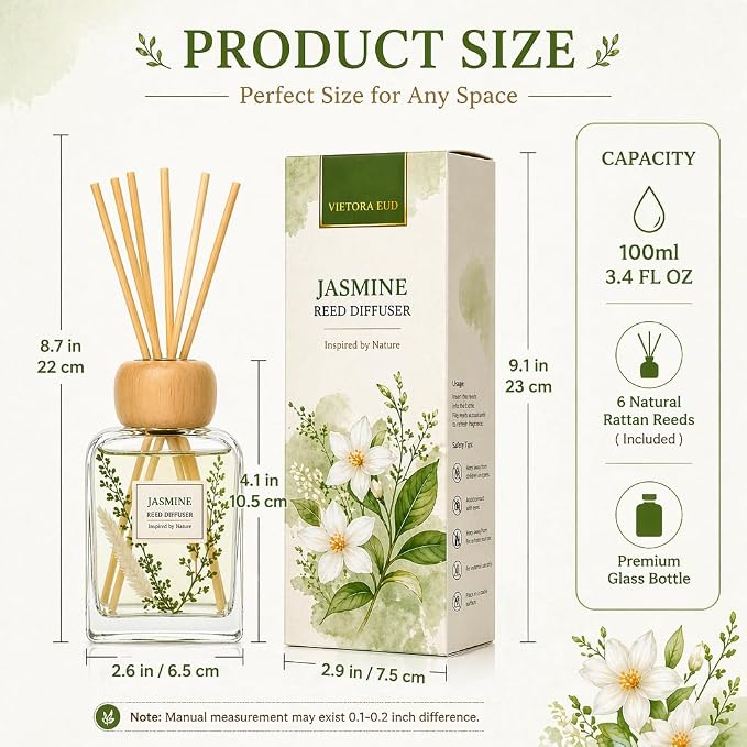 Jasmine Reed Diffuser Set, Floral Home Fragrance for Bedroom & Bathroom, Long Lasting Essential Oil Diffuser Sticks, Relaxing Fresh Scent, Stress Relief, 3.4 FL OZ