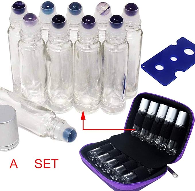 fengshuisale 10pcs Clear 10ml Empty Refillable Glass Bottles with Crystal Semiprecious Stones Essential Oil Gemstone Roller Ball Bottles with Silver Lid with Free Bag W3900 (Fluorite)