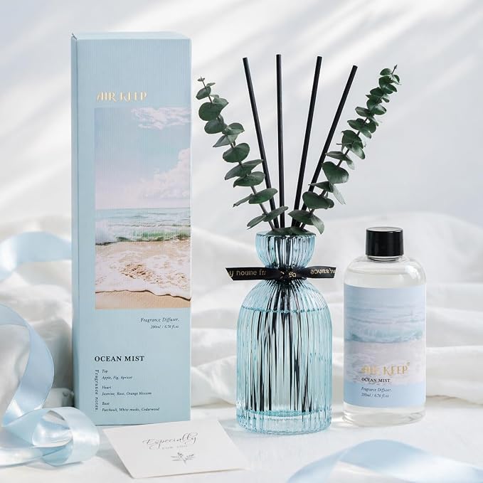 Airkeep Reed Diffuser Set 6.76 oz – Ocean Mist Decorative Home Fragrance with Eucalyptus Sticks, Ribbed Glass Diffuser for Bathroom & Bedroom Décor, Gift Ready