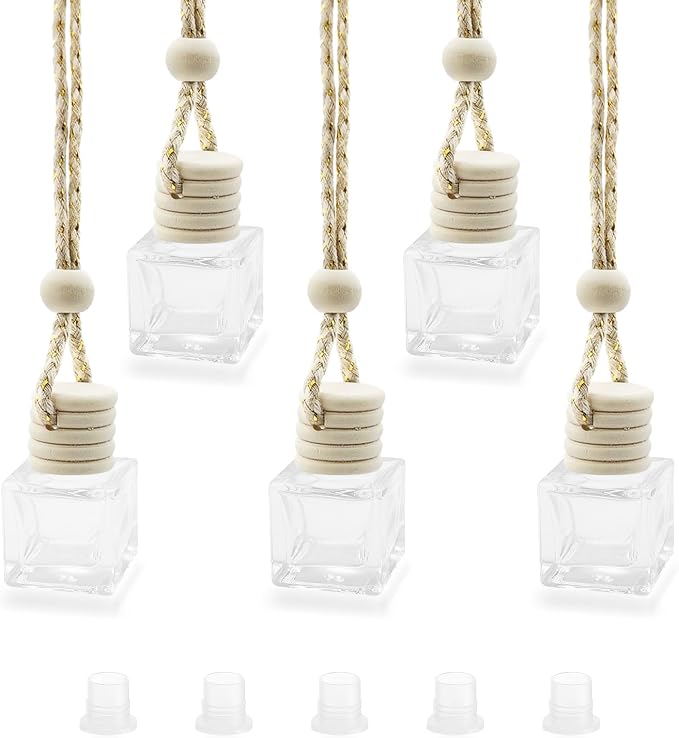 5 pcs Car Hanging Empty Glass Perfume Bottles Pendant Bottle, DIY Air Freshener Pendant, Empty Clear Glass Essential Diffuser Oil Aromatherapy, Glass Bottle Decor (Square)