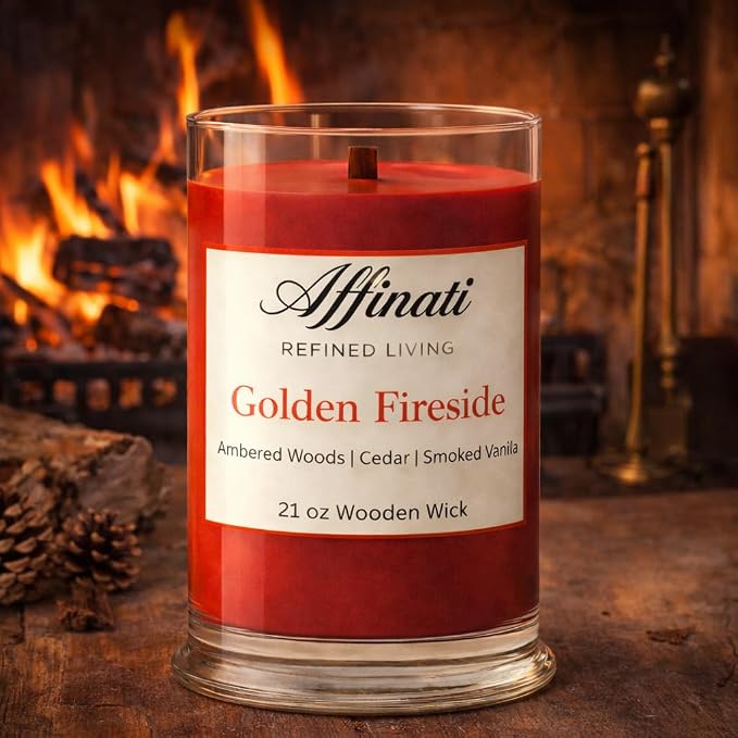Affinati Golden Fireside Large Scented Candle, 21 oz Wooden Wick Tumbler – Highly Fragrant Extra Long Burning Warm Smoky Fragrance, Soy Luxury
