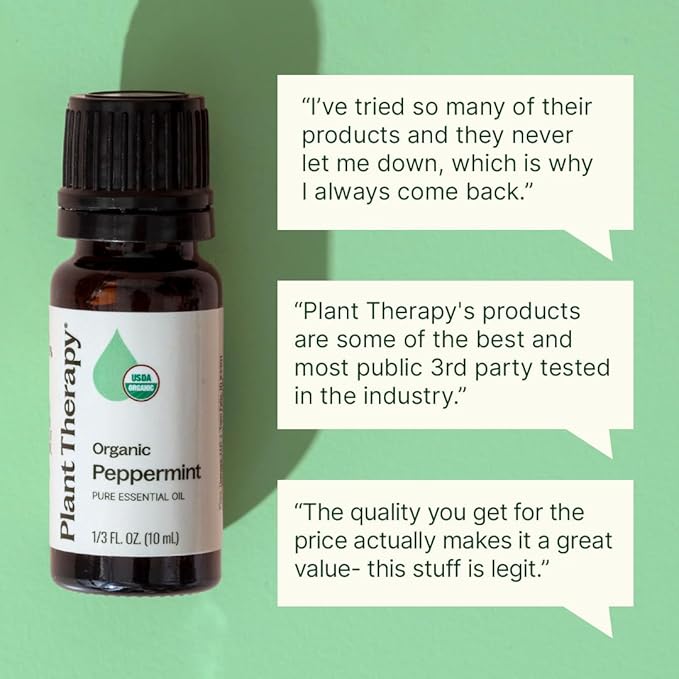 Plant Therapy Organic Peppermint Essential Oil 10 mL (1/3 oz), 100% Pure, Undiluted, USDA Certified Organic, Undiluted, Natural Aromatherapy, for Neck Tension and Muscle Discomfort