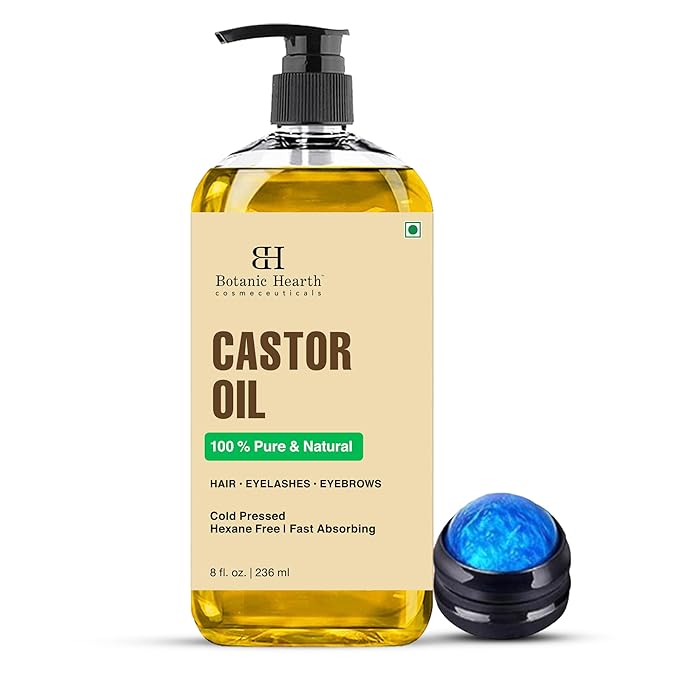 Botanic Hearth Castor Oil 8 Fl Oz| 100% Pure & Natural, Cold Pressed |For Hair, Eyelashes & Eyebrows | Hexane Free, Fast Absorbing | with Massage Roller Ball