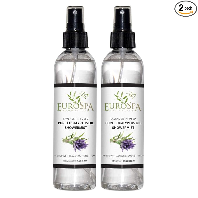 EuroSpa Aromatics Pure Eucalyptus Oil ShowerMist and Steam Room Spray, All-Natural Premium Aromatherapy Essential Oils - Lavender Infused, 8oz, 2 Pack