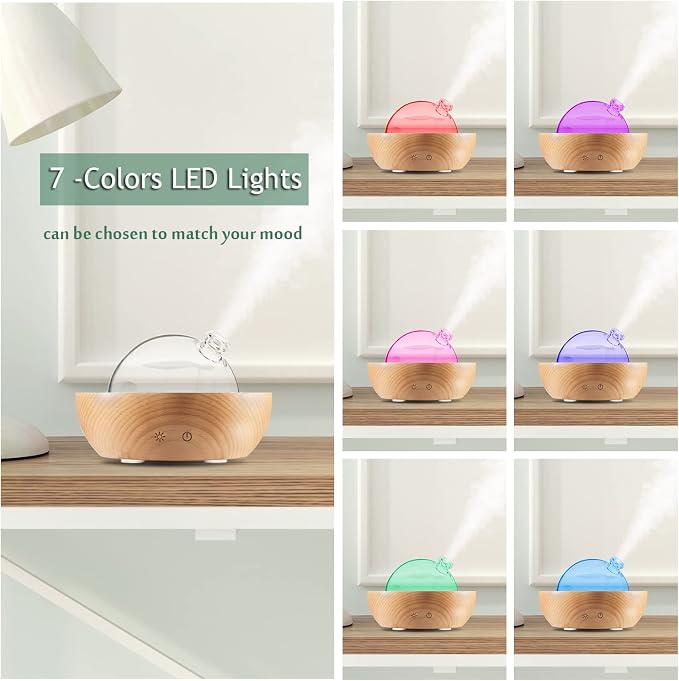 Glass Essential Oil Diffuser,Real Wood Base,The 2025 Upgrade Aromatherapy Diffuser,Aroma Diffuse Humidifier,LED Light in 7 Colors，Suitable for Home Office Bedroom（Non-Glass Reservoir）