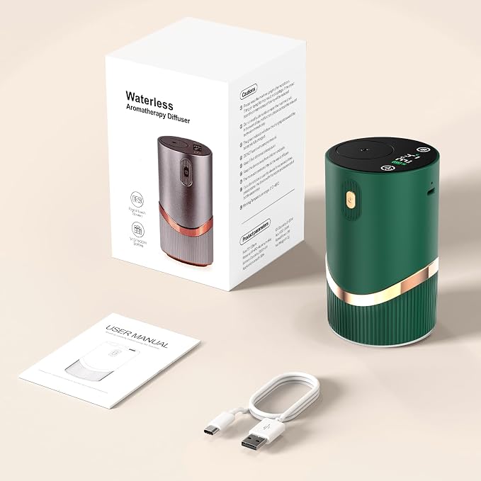 Waterless Essential Oil Diffuser Rechargable: Portable Aromatherapy Diffuser for Car and Home - 1/2/4/6H/Time Off 4 Mist Level for Room Office Bedroom (Green)