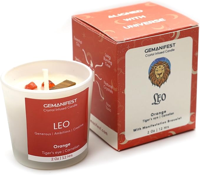 Leo Zodiac Candle with Carnelian Bracelet Orange Scented Soy Manifestation Candles Zodiac Gifts for Leo Women Birthday Astrology Spiritual Gifts