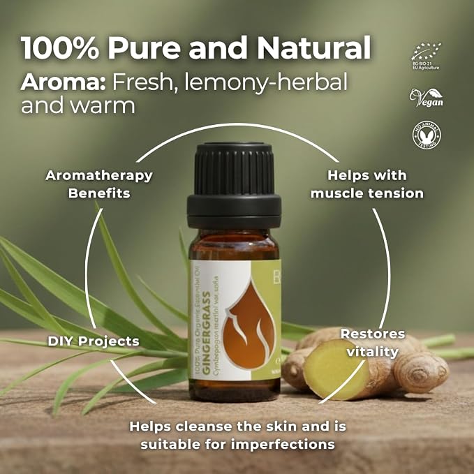 Essences Bulgaria Organic Gingergrass Essential Oil 0.34 Fl Oz | 10ml | Cymbopogon Martini VAR. Sofia | 100% Pure and Natural | Undiluted | Therapeutic Grade | Aromatherapy | Cosmetics | Cruelty Free