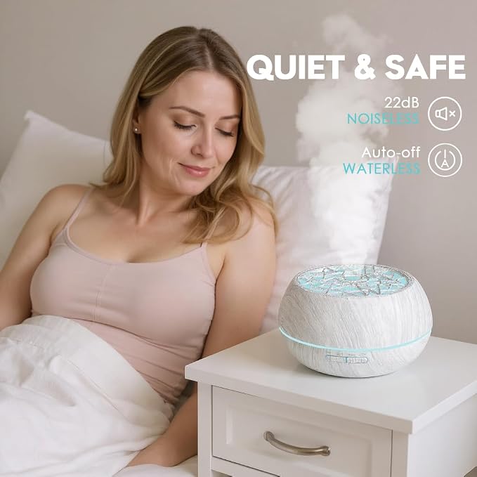 550ml Large Capacity Essential Oil Diffuser 6 Essentil Oil Set Aromatherapy Ultrasonic Air Humidifier with Timer and 7 Color LED Night Light Remote Control Waterless Auto-Off White Wood Grain