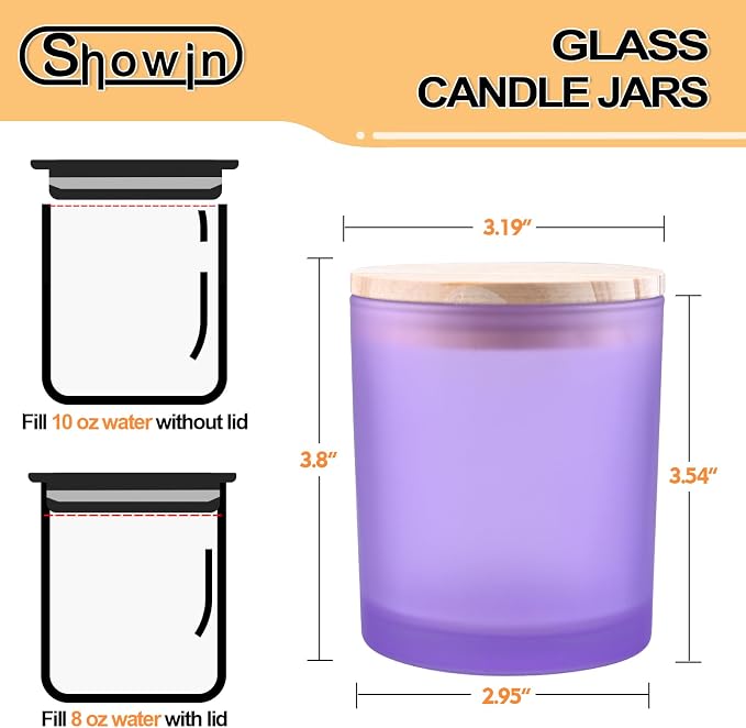 SHOWIN 10 OZ Thick Candle Jars for Making Candles 15 Pcs, Empty Jars with Wood Lids for Candle Making, Sample Container, Frosted Purple