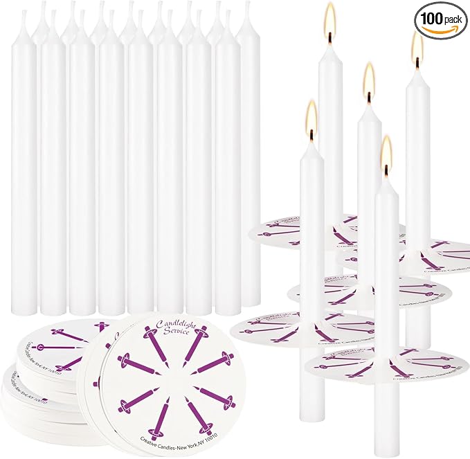 YOROXRG 100 pcs Church Candles with Drip Protectors for Devotional Candlelight Vigil Service, Unscented White 5" H X 1/2" D, No Smoke, Shabbat, Praye