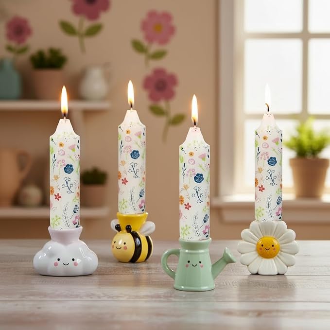5 inch Short Candle Floral Candle Sticks Kawaii Printed Candlestick Handmade Unscented Taper Candle 4 Pack Cute Flower Tapered Candles for Birthday Home Dinner Wedding Holiday