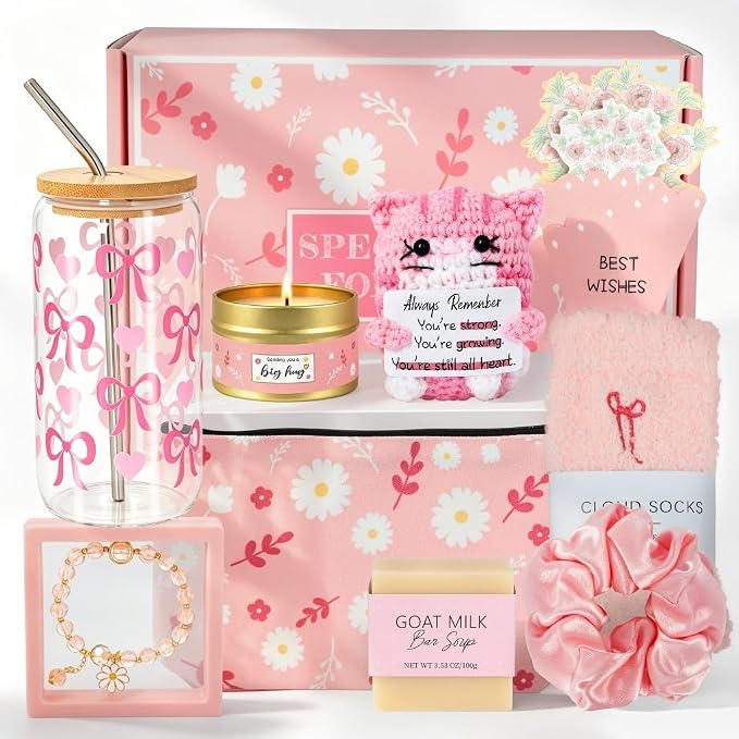 Birthday Gifts Baskets for Women, Get Well Soon Care Package for Girls | 9 PCS Sweet Pink Teen Girl Gift Trendy Stuff, Pick Me Up Gift Box, Surgery Recovery Care Package , Cheer Up Feel Better