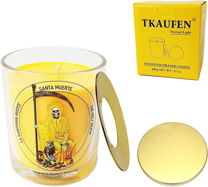 Gold Santa Muerte Candle 50 Hours with Warmer Ring│Hand-Poured Natural Soy Wax│Attract Money, Prosperity, Wealth, Success, Leadership, Luck, Financial Abundance│Design in Mexico City│3“×3.6”