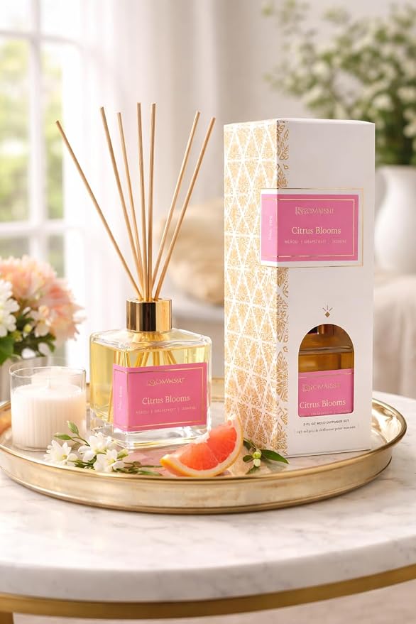 Aromatique, Reed Diffuser Set, Reusable, Refillable Glass Vessel Includes 8 Reed Sticks, Flame Free, Luxury Home Decor Fragance, Boxed for Gifting, (Standard, Citrus Bloom)