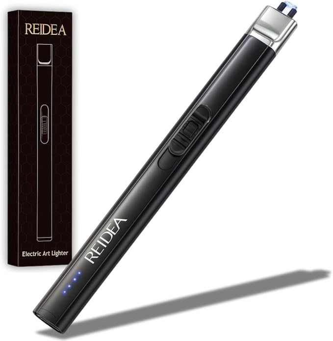 REIDEA Electric Lighter Gift for Candle Lovers, Windproof Flameless USB Rechargeable Arc Retractable Lighter with Safe Button and Power Indicator for Candle, BBQ and Fireworks, R1 Flat, Obsidian Black