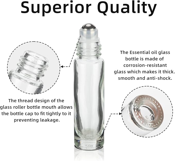 10ML Essential Oil Roller Bottles, 6 Pack Clear Oil Roller Bottles for Essential Oils, Roll on Bottle with Stainless Steel Balls(6 Labels, Opener, Funnel, Dropper Included)