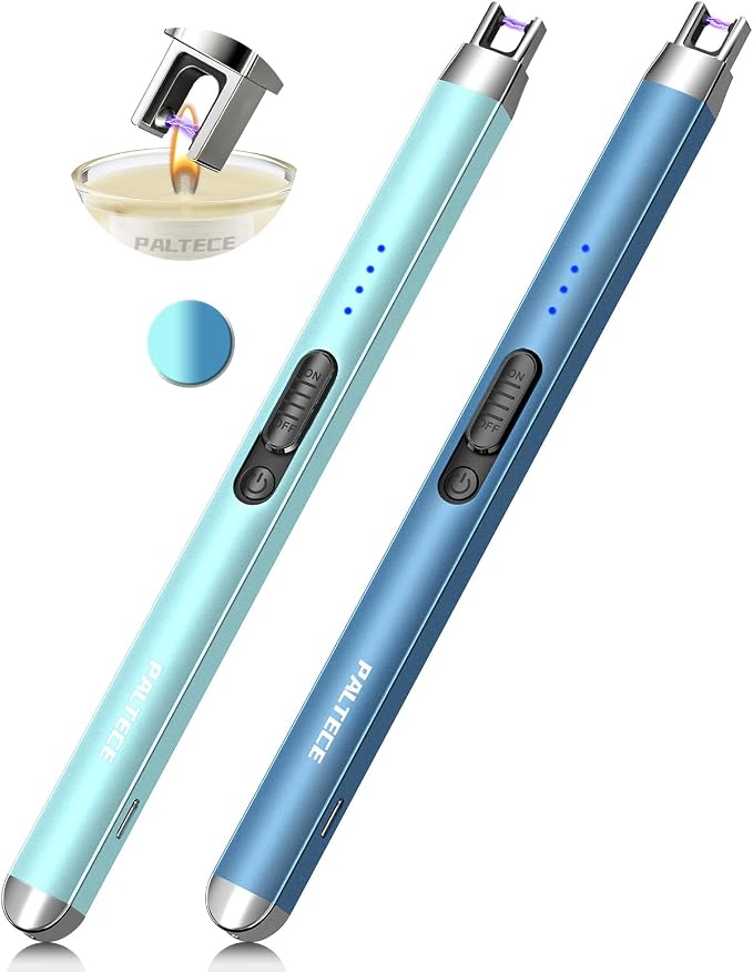 2 Pack Candle Lighter USB Rechargeable Electric Plasma Arc Lighters with Safety Lock, Windproof Flameless Long Lighters Matches for Candle, BBQ, Camping, Gas Stoves (Light Bule, Blue Gold)