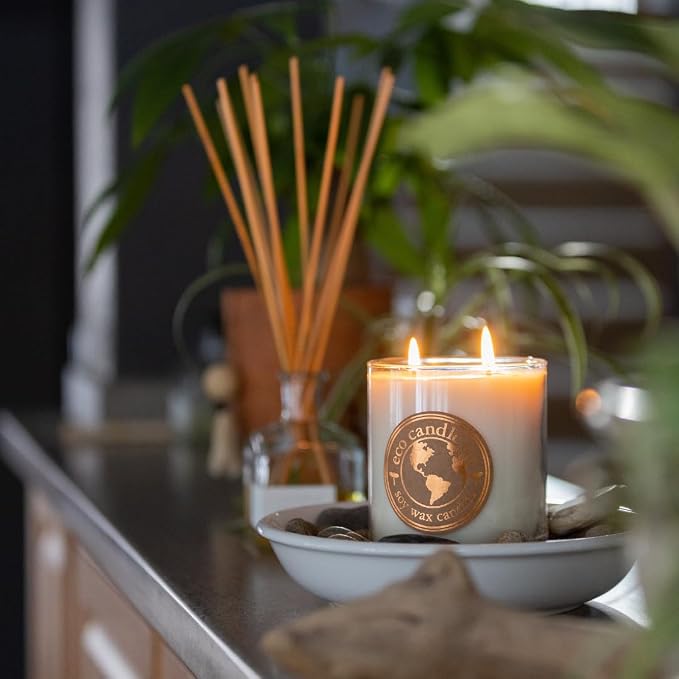 Eco Candle Co. Recycled Candle, White Tea Ginger, 18 oz. Double Wick - Scents of White Tea, Spices, Citrus, Jasmine, & Ginger - 100% Soy Wax, No Lead, Kraft Paper Label & Lid, Hand Poured