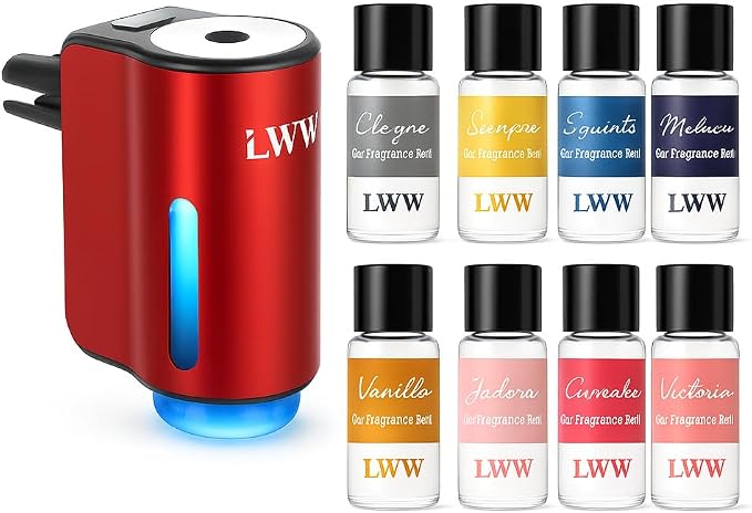 LWW Smart Car Air Freshener - 3 Levels Strength with Ventilation Clip, Rechargeable Car Fragrance Atomizer - with 8 10ml Bottles of Fragrance, Long Lasting Oil Diffuser (Red)