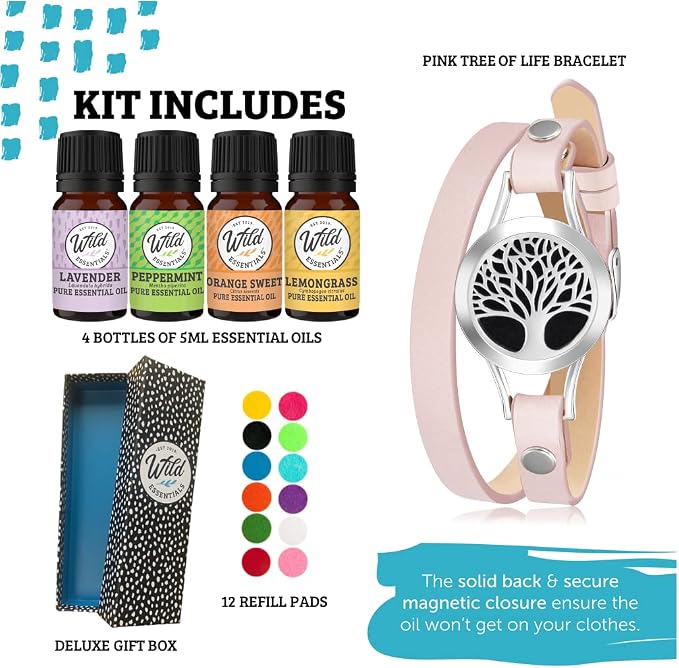 Wild Essentials Tree of Life Essential Oil Leather Wrap Bracelet Diffuser Kit, Gift Set, Lavender, Lemongrass, Peppermint, Orange Oils, 12 Pads, Customizable Color Changing Jewelry, Aromatherapy, Pink