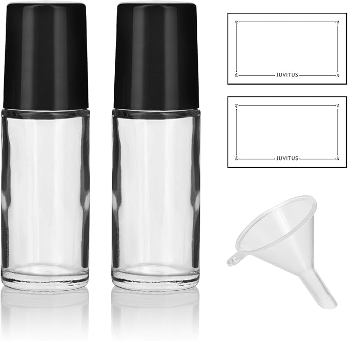 JUVITUS Clear Glass Heavy Wall Bottle 1 oz / 30 ml with Roll On (2 PACK) + Funnel and Labels for Aromatherapy