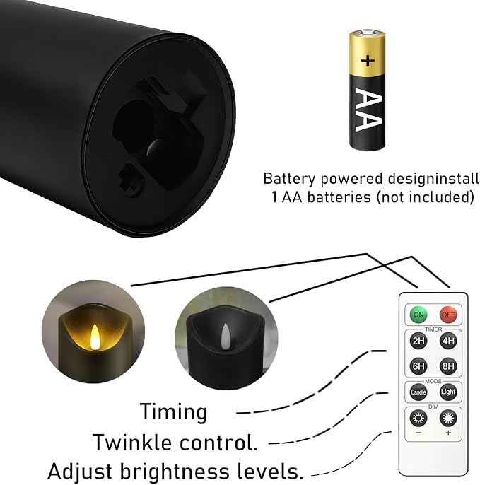 kakoya Flickering Flameless Candles, Battery Operated Plastic LED Pillar Candles with Remote Control and Timer, Set of 9 (Black)