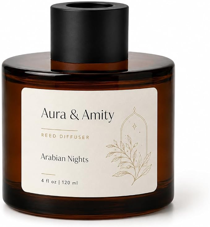 Aura & Amity Luxury Reed Diffuser Set, Arabian Nights Scent | Essential Oil Room Freshener, Long Lasting Home Fragrance, For Bedroom, Bathroom & Living Room, Summer Collection