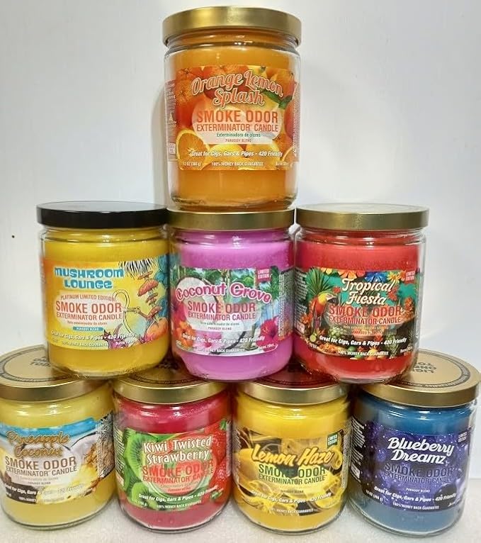 Smoke Odor Exterminator 13oz Jar Candles Orange Lemon Splash Assorted 8 | Includes Kiwi Twisted Strawberries, Lemon Haze, Blueberry Dreamz, Pineapple Coconut