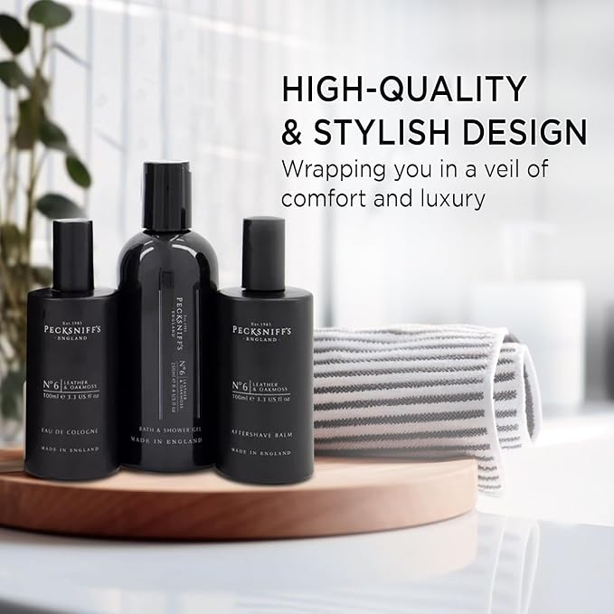 Pecksniff's Fragrance Gift Sets Luxurious, Handcrafted in England (Men's Leather & Oakmoss: Eau de Cologne, 3-in-1 Bath & Shower Gel, After Shave Balm)