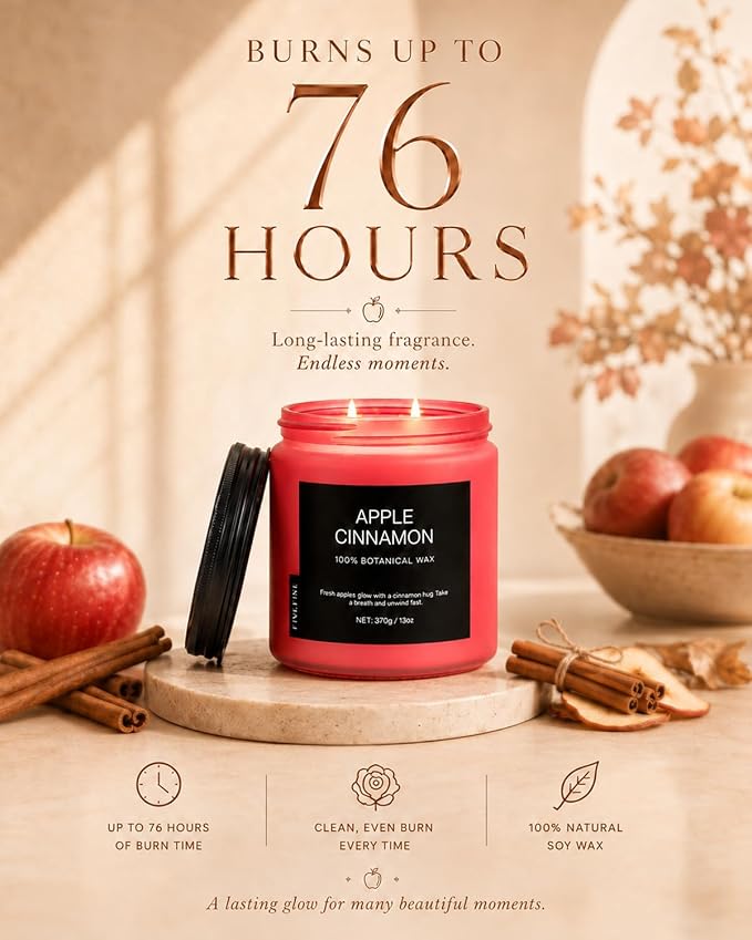 Apple Cinnamon Home Scented Candles, 13oz Organic Soy Wax, 76-Hour Clean Burning, Natural Candles Non Toxic, Spicy & Sweet Scent for Relaxation, Aromatherapy Housewarming Candle for Men Women