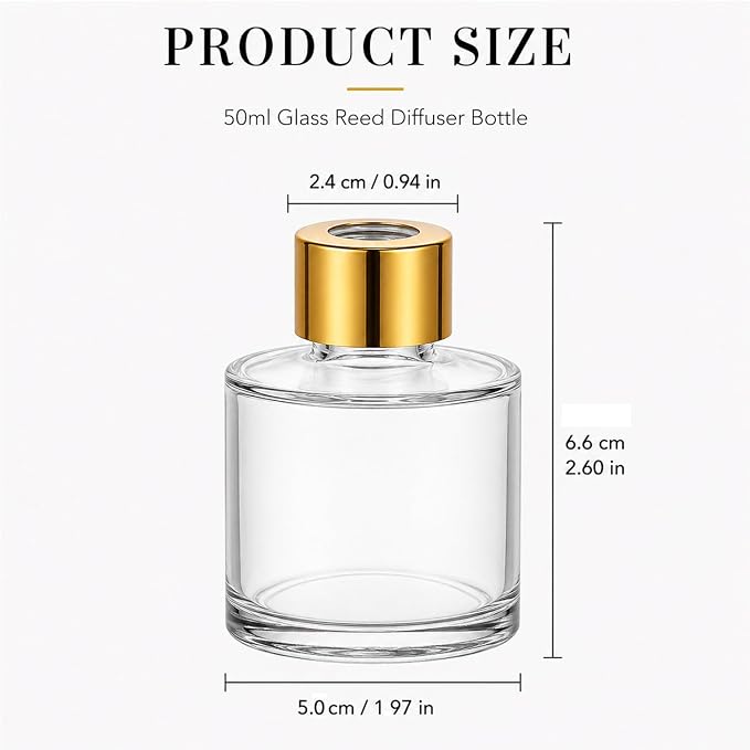 50ml Clear Glass Reed Diffuser Bottles Set of 4 Empty Aromatherapy Bottles with Gold Cap, Round Essential Oil Diffuser Container for Home Fragrance, DIY Scent, Bathroom, Office Decor