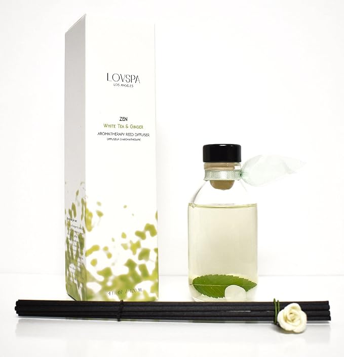 Zen White Tea & Ginger Reed Diffuser Set, Bathroom Decor, Room Scent | White tea, ginger, and citrus profile, kitchen shelf, decorative glass bottle, home aroma, entryway, powder room, living room