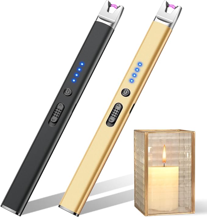 LcFun 2 Pack Candle Lighter USB Rechargeable Electric Plasma Arc Lighters with Safety Lock, Windproof Flameless Lighters Long Stem Matches for Candle, Grill, BBQ, Camping, Gas Stoves (Black, Gold)