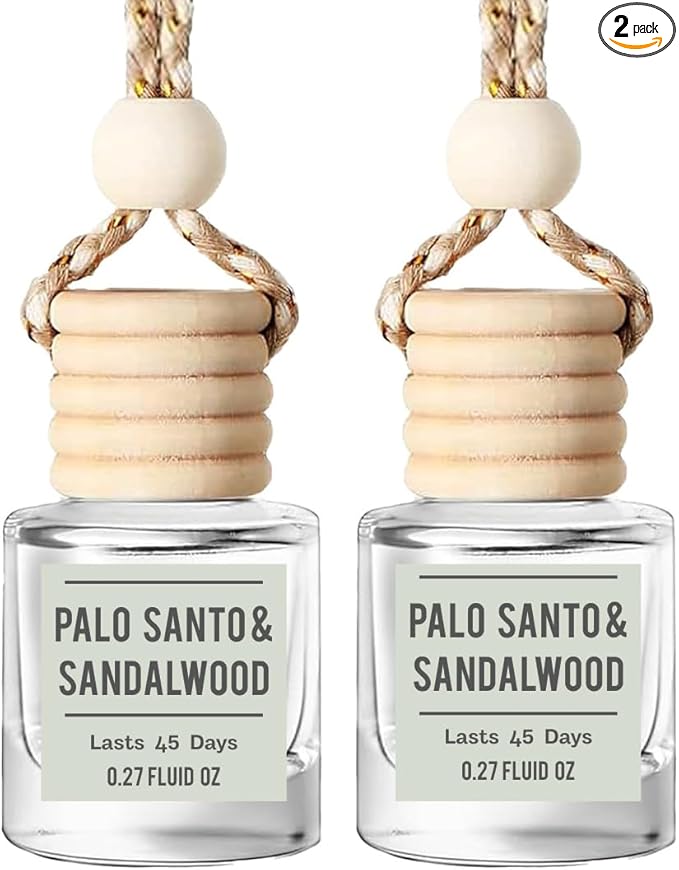 Palo Santo & Sandalwood (Santal) Hanging Car Air Freshener – Long Lasting Essential Oil Diffuser for Car, Closet, Bathroom – 2-Pack Natural Scent Deodorizer for men and women