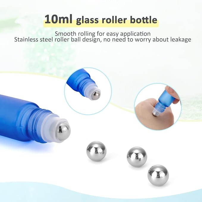 Kesell Glass Roller on Bottle, 10ml Refillable Essential Oil Bottle with Stianless Steel Ball, Pack of 10 (Light blue)