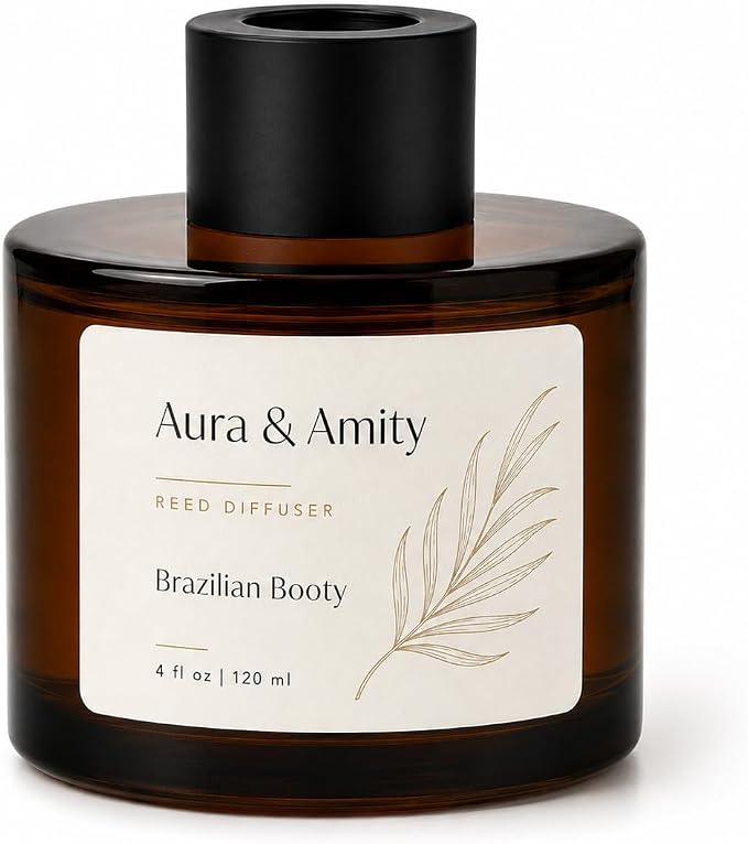 Aura & Amity Summer Reed Diffuser, Brazilian Booty Tropical, 4 oz | Coconut, Caramel, Tonka & Warm Woods, Long-Lasting Flameless Aromatherapy, Gift Set, For Bathroom & Living Room