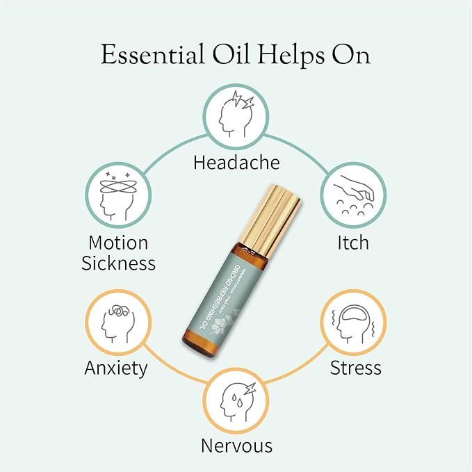Organic and Kid-Friendly Essential Oil Blend Roll on for Stress Relief, Headache, Itch Relief and Heat Stroke, Includes Orchid, Menthol, Peppermint, Eucalyptus, Wintergreen, 5 ml.