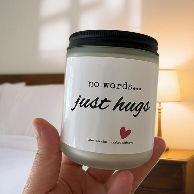 Sympathy Gifts for Loss of Loved One, Memorial Candle 9oz Lavender Scented Soy Candle, “No Words… Just Hugs” Remembrance & Bereavement Gift, Grief Gifts for Women, Condolence Gift, 50 Hour Burn, Bold