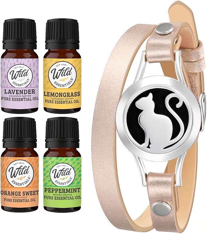 Wild Essentials Pretty Kitty Cat Essential Oil Leather Wrap Bracelet Diffuser, Gift Set, Lavender, Lemongrass, Peppermint, Orange Oils, 12 Pads, Customize Color Changing Perfume Jewelry, Aromatherapy