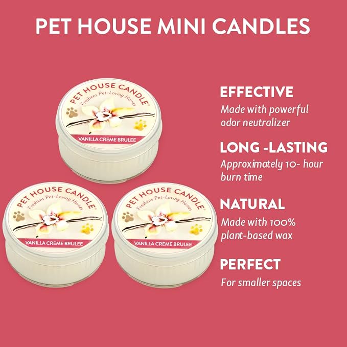 Pet House Mini Candles for Pet Odor Made with Natural Soy Wax, Plant Based, Dog and Cat Friendly Scented Candles, Vanilla Creme Brulee Pack of 3