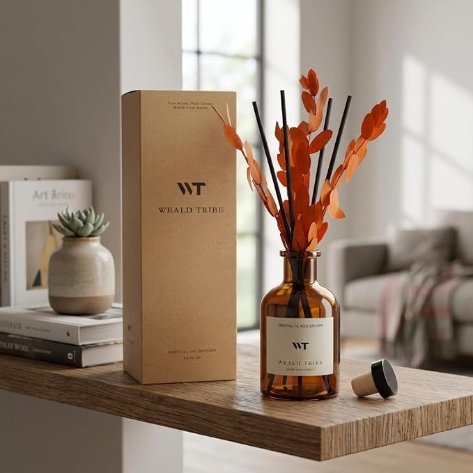 WEALD TRIBE Reed Diffuser Set for Bathroom Air Fresheners, Oil Diffuser Sticks | Sandalwood & Ebony Scent 4.0 fl oz Home Fragrance with Sticks Defusers | House Bedroom Office Shelf Decor