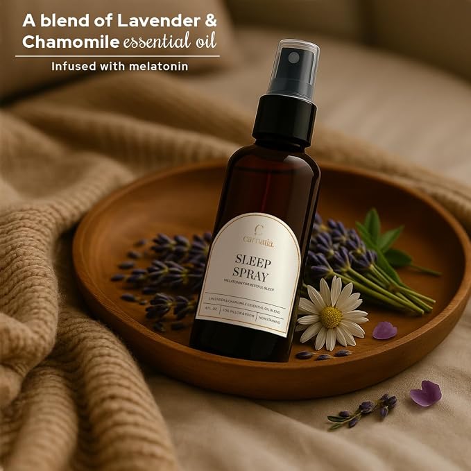 Carnatia Sleep Spray with Melatonin – Lavender & Chamomile Pillow Mist | Aromatherapy Essential Oil Blend for Relaxation & Deep Sleep | 4 fl oz Calming Bedtime Spray