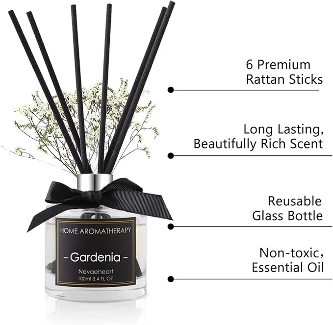 Reed Diffuser Set,Gardenia Reed Diffuser Gifts for Women,3.4oz(100ml) Reed Diffuser with Sticks, Home Fragrance Reed Diffuser for Living Room, Office & Bathroom Shelf