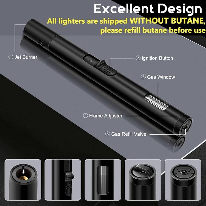 LcFun 2 Pack Torch Lighters Refillable Butane Lighter with Visible Fuel Window, Windproof Adjustable Jet Flame Long Lighters Matches for Candle, Grill, BBQ, Camping, Fireworks (Butane NOT Included)