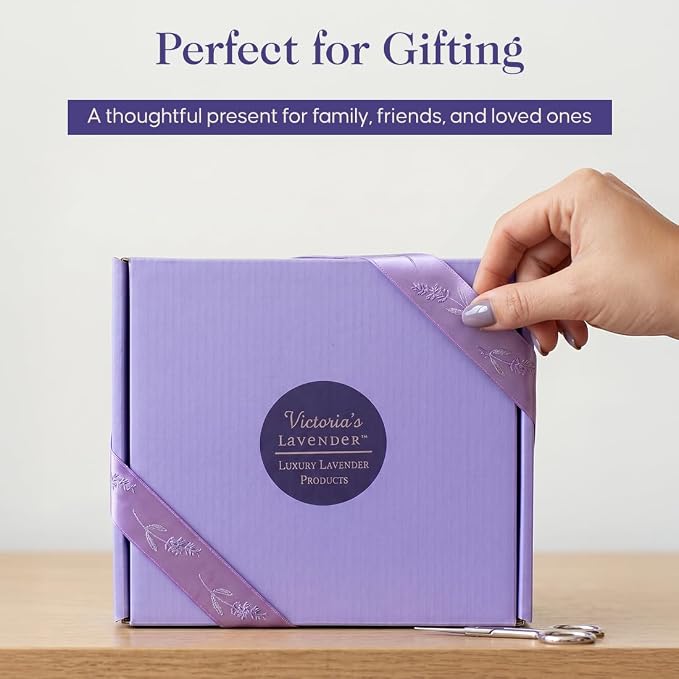 Victoria's Lavender Luxury Spa Gift Basket for Women, Neck Wrap, Body Mist, Body Lotion, Lip Balm, Soy Candle, Lavender Face Cream & Sachet, Birthday Gifts